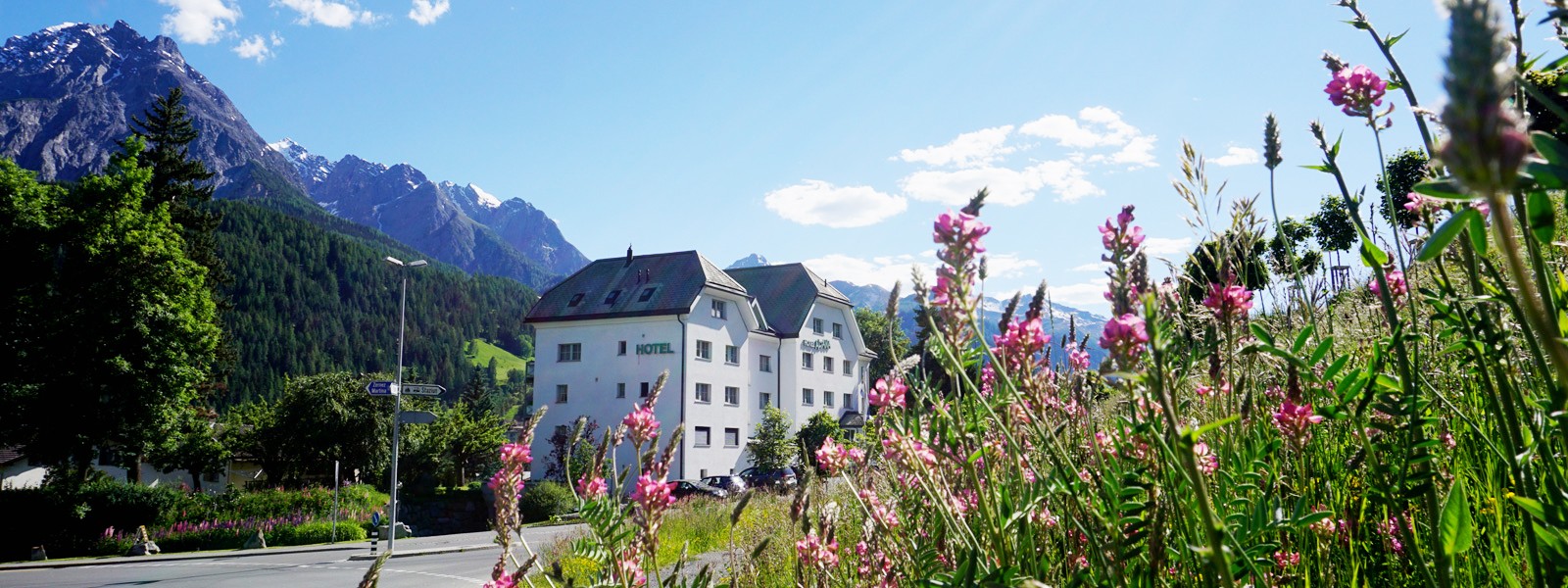 Typically Swiss Hotel Altana – Gebäude - Berg Frühling Blumen
